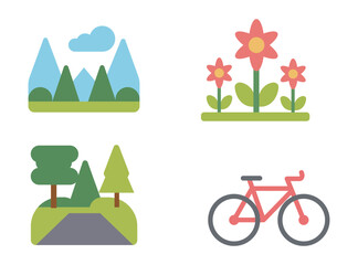 Obraz premium Flat nature and outdoor recreation icon set with bicycle, mountain, and flowers.