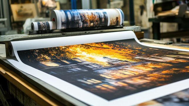Detailed view of freshly printed materials on a professional printing press highlighting quality and dynamic lighting effects
