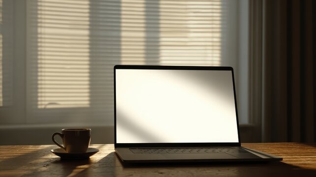 Open laptop with blank screen on wooden desk beside small coffee cup with soft sunlight and blind shadows