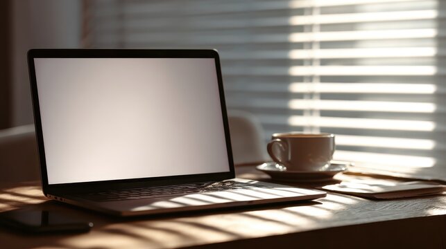 Laptop with blank screen and coffee cup on desk with chair by window and striped blind shadow light