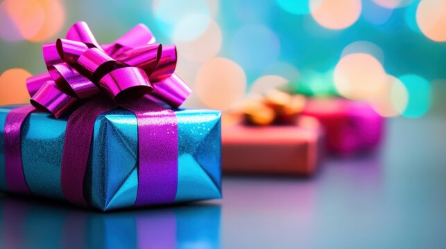Brightly Wrapped Christmas Gifts with Shiny Paper and Festive Bows Against a Soft Bokeh Background