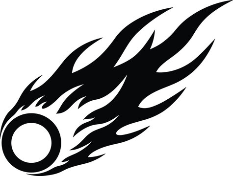 Flying meteor fireball icon, flaming comet vector illustration, space asteroid silhouette, burning flame trail sign, cosmic energy power symbol, celestial speed element