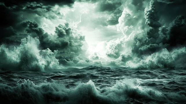 Dramatic stormy ocean under a turbulent sky with powerful waves and intense light breaks