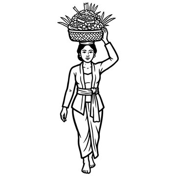 A beautiful traditional Balinese woman gracefully carries an elaborate basket brimming with vibrant floral offerings on her head, embodying cultural devotion and sacred spiritual rituals in this elega