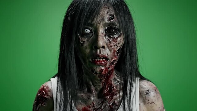 Spooky zombie woman with severe makeup for halloween horror concept
