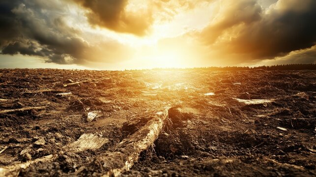 Barren deforested land under a dramatic golden sun, showcasing environmental destruction and its impact on climate.