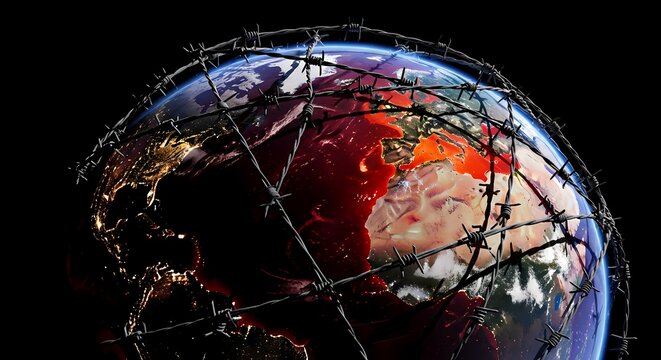 Striking visual of planet Earth ensnared in barbed wire, powerfully symbolizing global conflicts, international tensions, and the collective challenges facing humanity today