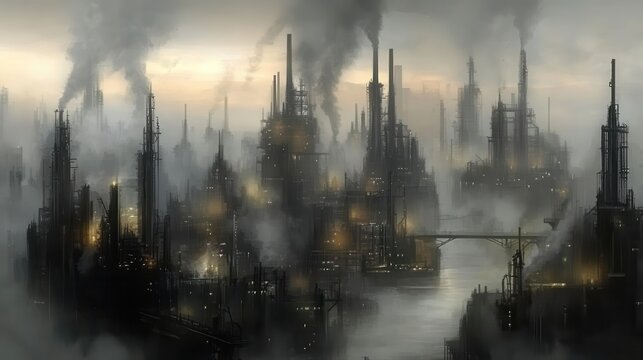A sprawling industrial cityscape with towering factories emitting heavy smog under a gloomy, overcast sky, representing environmental impact and the consequences of unchecked development.