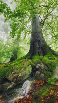 Majestic beech tree towering over flowing natural spring water in a tranquil misty forest