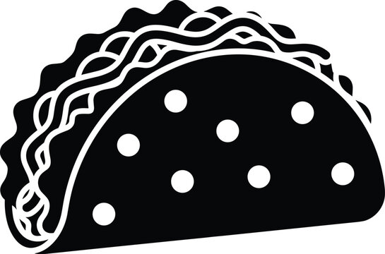 Taco icon vector illustration, Mexican food symbol, hard shell tortilla with meat and lettuce, black and white spicy snack, delicious taco graphic.