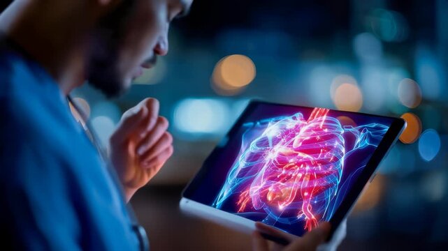 Healthcare professional reviewing a glowing digital chest scan on a tablet in a modern medical setting