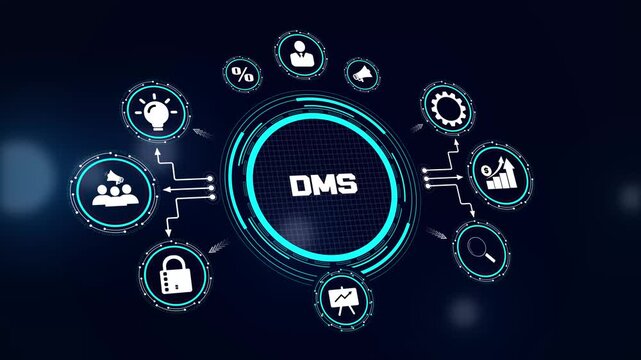 Document management system DMS HUD animation showing digital archiving and secure storage icons for corporate workflow