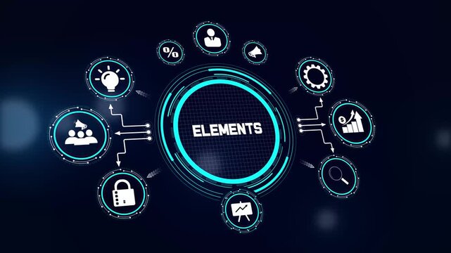 Business elements infographic HUD animation showing various technical components and data visualization icons for presentation