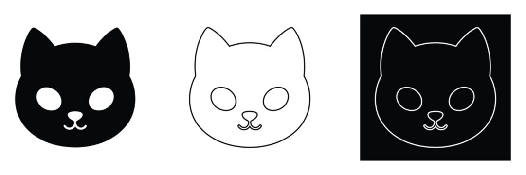 Three minimalist cat face icons in black white and outlined on black background