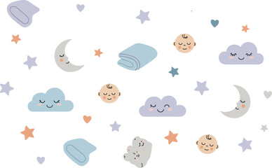 Naklejka premium Cute Baby Sleep Pattern Vector with Clouds, Moon, Stars, Blankets, and Smiling Newborn Faces for Nursery Textile and Kids Design.