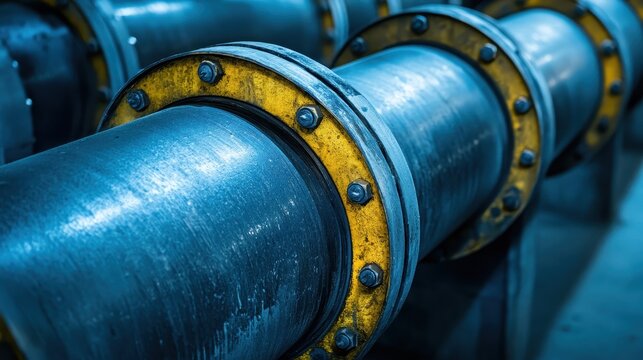 Close-up of weathered industrial pipelines with yellow flanges and bolted connections, showcasing vital energy infrastructure detail.