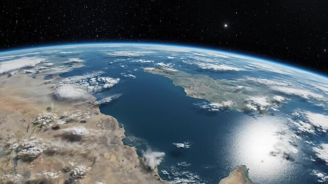 Aerial view of Earth from space showing continents, oceans, clouds, and stars, capturing the planet&acirc;&euro;&trade;s curvature and natural beauty over time.