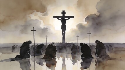 Silhouetted figures kneel in solemn prayer before the crucifixion under a dramatically lit and cloudy sky.