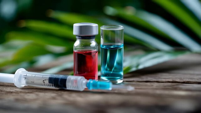 Medical vials with red and blue liquid and a syringe arranged on a rustic wooden surface