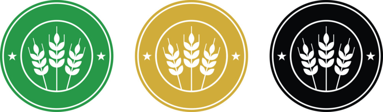 Wheat grain badges for organic farm bakery, agriculture cereal icons, natural flour quality labels, barley ear harvest, and botanical.
