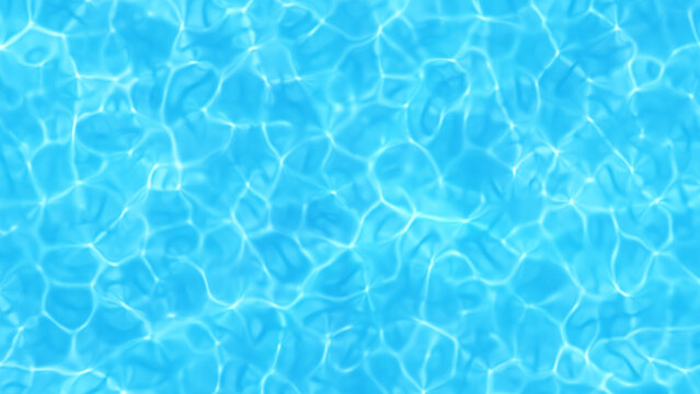 Abstract water background, light blue water surface with ripples and light reflections. Water waves background, swimming pool, ocean, sea top view. Clear water texture with splashes. Summer holidays.