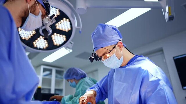 Caucasian neurosurgeons co-work at operation. Doctor in surgical loupes uses modern instruments. Low angle view.