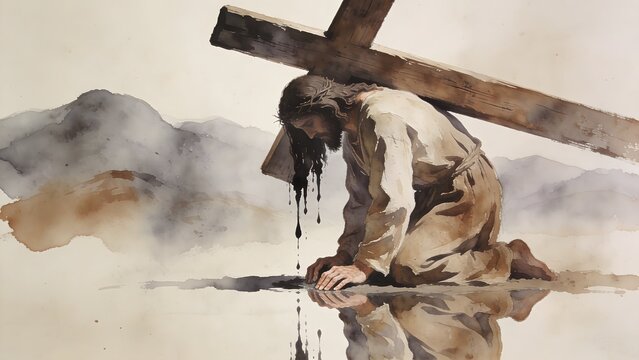 Jesus Christ, burdened by the heavy wooden cross, kneels in anguish on the ground, his face reflecting deep suffering and sacrifice.