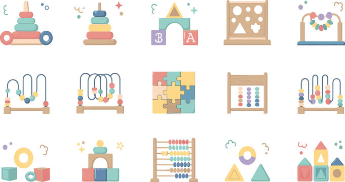 Educational Baby Toys Vector Set with Stacking Rings, Abacus, Shape Sorter, Puzzle, Bead Maze, and Learning Blocks for Kids Development Design.