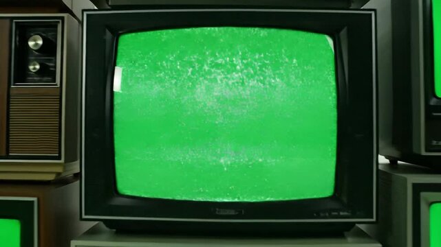 Stacked vintage television sets with green screens for advertising or graphics