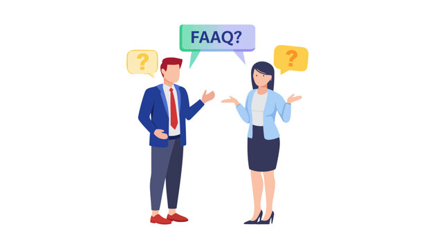 A confused businessman and woman discussing frequently asked questions
