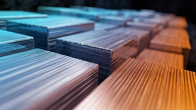 Stacks of metallic elements arrayed in grid formation with dual color gradient