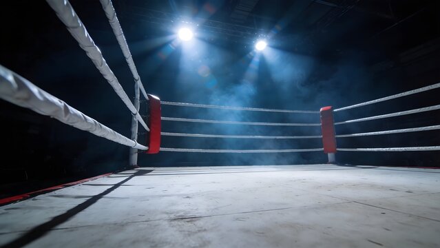 Empty brightly lit boxing ring corner prepared for an intense martial arts championship fight illustration