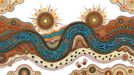 Fototapeta premium Vibrant Aboriginal inspired dot painting with wavy lines and sun motifs design