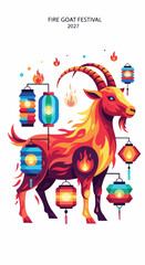 Fototapeta premium Stylized Fire Goat Festival illustration features burning ram figure, ornate traditional lanterns. Vibrant Fire Goat Festival artwork showcases fiery fur texture, glowing Asian lamps, symbolic flames.