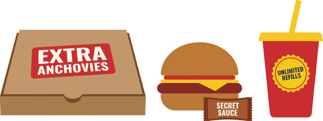 A fast food meal featuring a pizza box with an anchovy label, a cheeseburger, and a drink cup is displayed.