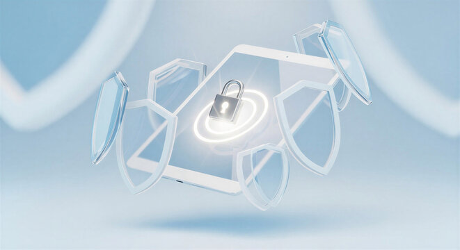 Digital copyright protection with blockchain, lock, 3D render, technology, blue background for World Book and Copyright Day