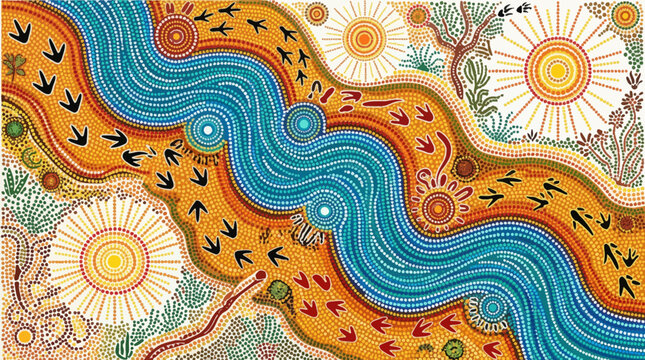 Vibrant Aboriginal dot painting depicting a winding river and sun motifs
