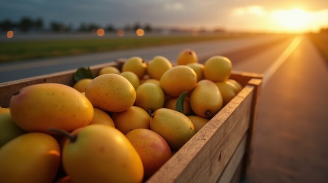 Ripe tropical mangos arranged in wooden crate ready for international export by air freight bathed in golden hues of tropical sunset light global trade operations meeting local
