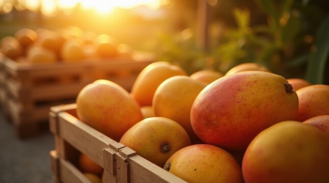 Ripe tropical mangos arranged in wooden crate ready for international export by air freight bathed in golden hues of tropical sunset light global trade operations meeting local