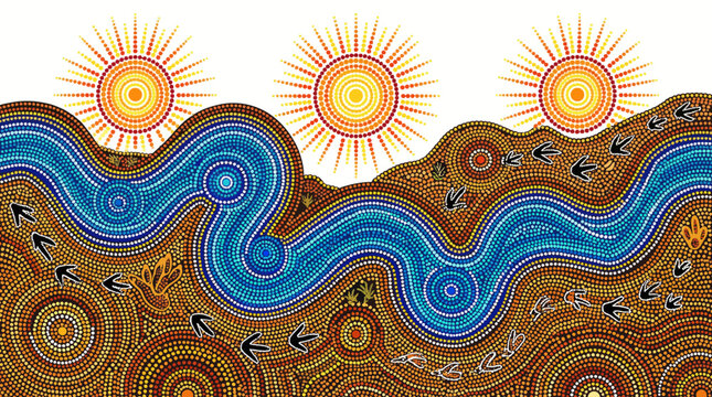 Vibrant Aboriginal dot painting of a wavy river and suns landscape design