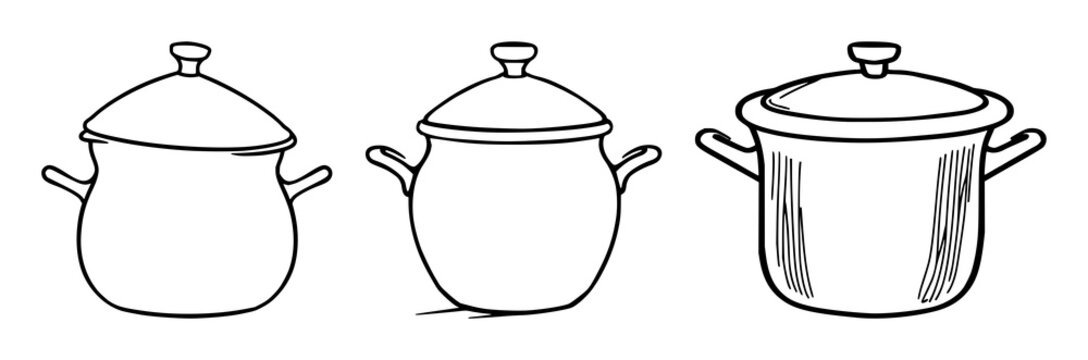 Cooking pot set with a simple silhouette design featuring a saucepan, lid, kitchenware with cookware and kitchen utensils
