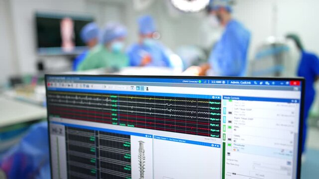 Curved lines run at the computer screen. Team of doctors work at the operating table in the blurred backdrop.