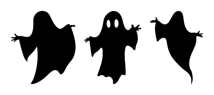 Halloween ghost set with spooky silhouettes featuring flying figures, cute characters, friendly spirits with smiling faces and waving hands