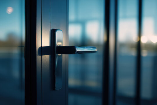 Close up of chrome door handle on black aluminum frame glass entrance. Professional office or commercial building exterior. Concept of modern accessibility and security. Copy space.