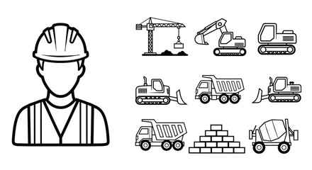 Construction Site Outline Icons: Worker, Heavy Machinery, and Building Materials Set on Isolated White Background © Suhadi