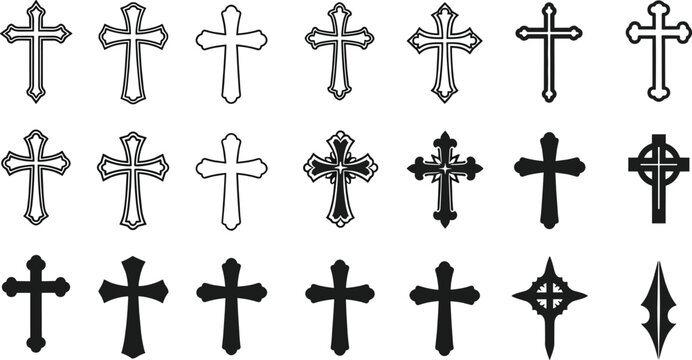 Christian cross icon collection, black silhouette religious symbols, catholic and orthodox decorative crucifix elements for spiritual and church design vector illustration.