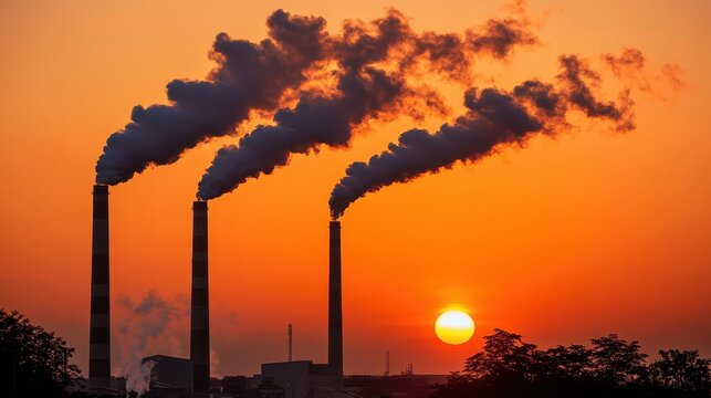 Industrial factories silhouetted against a vibrant sunset emitting smoke, a dramatic depiction of air pollution