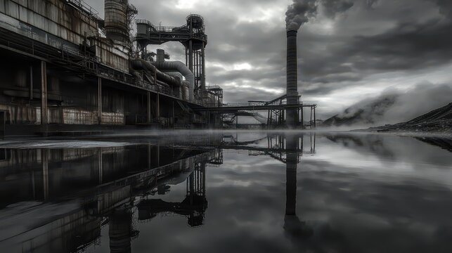 Industrial factory emitting smoke into an overcast sky reflected in polluted water