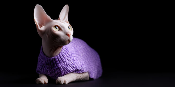 Close up of a hairless Sphynx cat in a purple knitted sweater on a black background. Small feline looks up curiously indoors. Concept of pet fashion and animal care. Copy space.