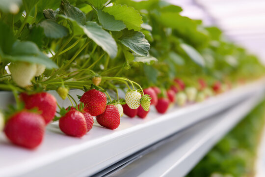 Close up of ripe red strawberries growing in a greenhouse. Fresh berries with green leaves on a hydroponic farm. Concept of modern agriculture and organic food production. Place for signature.